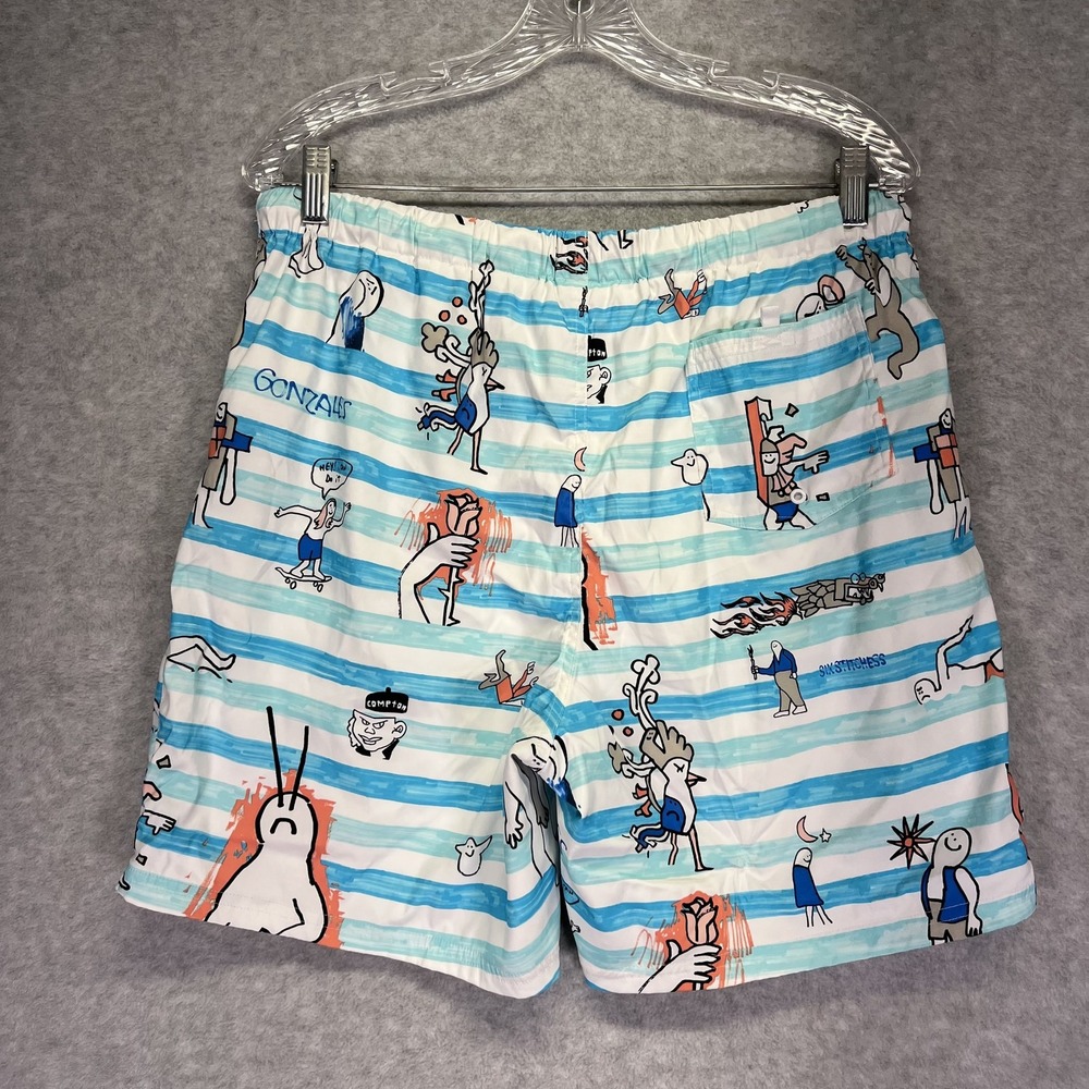 Adidas Swim Trunks Mens Large Blue Lined Gonz Skateboarding Mark Gonzales Art - Picture 10 of 10
